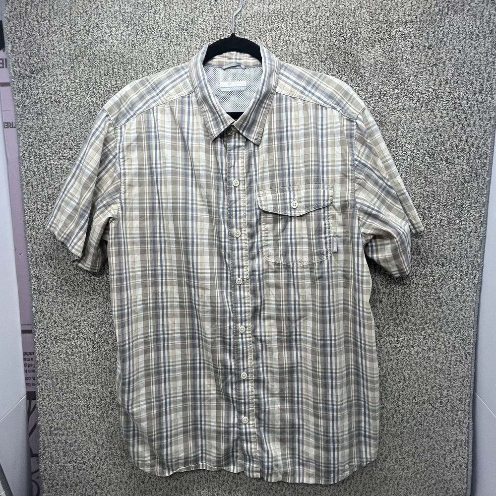 Columbia Button Up Shirt Mens L Beige Tan Omni Wick Fishing Vented Plaid